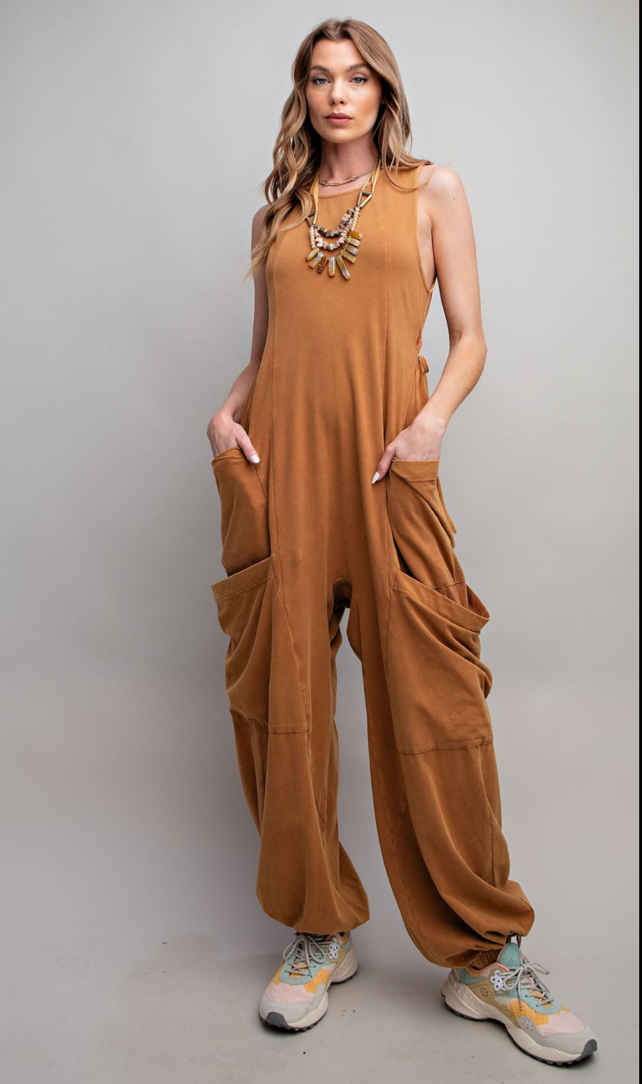 Sleeveless Washed Cargo Jumpsuit