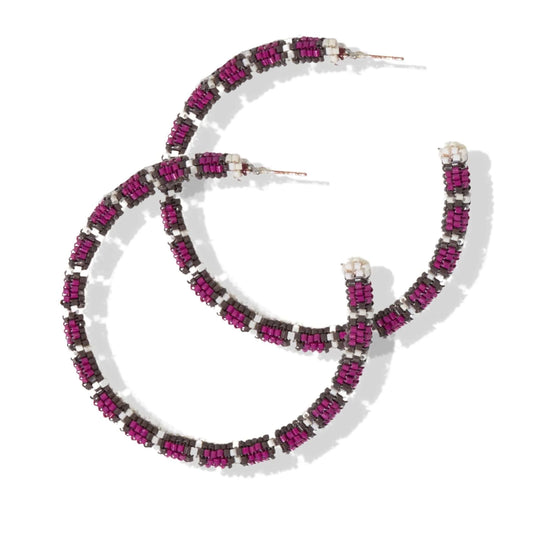 Magenta Beads Large Hoop Earrings